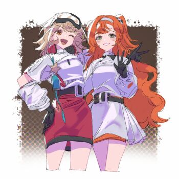 Rule 34 | 2girls, ;d, arm around neck, black gloves, border, brown background, brown hair, cowboy shot, dress, elbow cutout, gloves, goggles, goggles on head, green eyes, grin, hand on own hip, hand up, headphones, headphones around neck, highres, long hair, miniskirt, mmihpyy, multiple girls, official alternate costume, one eye closed, open mouth, orange eyes, orange hair, outside border, pencil skirt, red skirt, regulus (reverse:1999), reverse:1999, shirt, short hair, skirt, smile, sonetto (reverse:1999), two side up, v, white border, white dress, white shirt