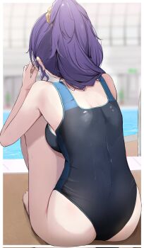 1girl asahina_mafuyu ass black_one-piece_swimsuit breasts commentary_request facing_away from_behind full_body hand_up highres knees_up kunizaki large_breasts long_hair one-piece_swimsuit ponytail poolside project_sekai purple_hair sitting solo swimsuit