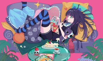 Rule 34 | 1girl, absurdres, black dress, black thighhighs, blue bow, bow, cake, couch, cup, dress, eating, food, fork, green eyes, highres, holding, holding fork, lying, multicolored hair, on couch, panty &amp; stocking with garterbelt, pillow, pink background, pink hair, purple hair, single thighhigh, solo, stocking (psg), striped clothes, striped hair, striped thighhighs, thighhighs, tinkie, two-tone hair, unworn thighhighs