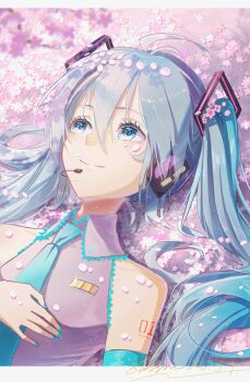 1girl aqua_hair aqua_nails aqua_necktie bare_shoulders blossom0816 commentary dated detached_sleeves english_commentary flower hair_between_eyes hatsune_miku headset highres long_hair looking_up lying miku_day nail_polish necktie number_tattoo on_back pink_flower shirt shoulder_tattoo sleeveless sleeveless_shirt solo tattoo twintails vocaloid