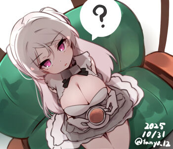 1girl ? absurdres armpit_cutout breasts brown_eyes cleavage_cutout clothing_cutout conte_di_cavour_(kancolle) conte_di_cavour_nuovo_(kancolle) couch dated dress frilled_dress frills from_above grey_dress grey_hair highres kantai_collection large_breasts layered_dress long_hair looking_at_viewer solo spoken_question_mark tanyou twitter_username two-tone_dress two_side_up