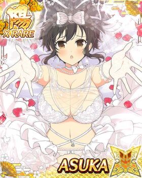 1girl :o asuka_(senran_kagura) border bow bra breasts bridal_lingerie bridal_veil bride brown_eyes brown_hair card_(medium) character_name cleavage earrings from_above game_cg garter_belt garter_straps gloves hair_ribbon heart heart_earrings incoming_hug jewelry lace_trim large_breasts light_blush lingerie long_hair looking_at_viewer lying navel neck_ribbon necklace nontraditional_wedding_dress official_art on_back on_bed panties pearl_necklace petals pink_petals ponytail reaching reaching_towards_viewer ribbon ring rose_petals see-through_clothes senran_kagura senran_kagura_new_wave short_ponytail showgirl_skirt skirt solo third-party_source underwear veil wedding_ring white_bow white_bra white_garter_belt white_garter_straps white_gloves white_panties white_ribbon white_skirt