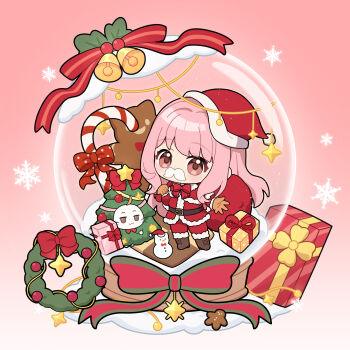 1girl absurdres animal anime_coloring artist_request bell belt belt_buckle black_belt boots bow bowtie brown_boots brown_eyes buckle candy candy_cane capelet carrying_over_shoulder cat chibi christmas christmas_tree_costume clothed_animal commentary english_commentary eyelashes fake_facial_hair fake_mustache food fur-trimmed_boots fur-trimmed_capelet fur-trimmed_headwear fur-trimmed_jacket fur-trimmed_sleeves fur_trim gift gingerbread_man gloves gold_buckle gradient_background hat highres holding holding_sack holly in_snow_globe jacket lace-up_boots light_blush light_particles long_hair long_sidelocks long_sleeves looking_at_viewer momo_(nikki) nikki_(nikki) nikki_(series) official_art orange_gloves outstretched_hand pants pink_background pink_hair pom_pom_(clothes) red_bow red_bowtie red_capelet red_hat red_jacket red_pants sack santa_costume santa_hat second-party_source shining_nikki sidelocks snow snow_globe snowflakes snowing standing tareme very_long_hair wavy_hair white_cat