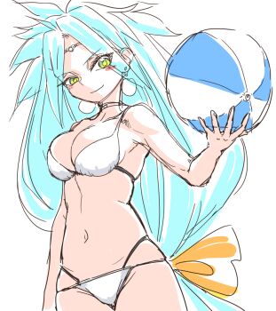 1girl ball beachball bikini blue_hair breasts chrono_trigger cleavage closed_mouth earrings green_eyes holding holding_ball holding_beachball jewelry large_breasts long_hair looking_at_viewer queen_zeal s-a-murai simple_background smile solo swimsuit white_background white_bikini