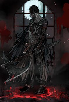 Rule 34 | 1boy, armor, axe, belt, black tunic, blood, blood splatter, blue cape, blue eyes, brown belt, cape, chainmail, commentary request, creighton of mirrah, dark souls (series), dark souls ii, full body, helmet, holding, holding axe, looking afar, male focus, mask, masked, pool of blood, short hair, solo, standing, tunic, umeyama (toma23), white hair, window