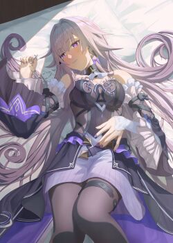 Rule 34 | 1girl, absurdres, bare shoulders, black choker, black dress, breasts, choker, commentary request, detached sleeves, dress, grey hair, grey skirt, hair intakes, herta (honkai: star rail), highres, honkai: star rail, honkai (series), long hair, long sleeves, lying, medium breasts, miniskirt, no headwear, on back, pantyhose, parted lips, pinkyringring, purple eyes, skirt, skirt under dress, solo, strapless, strapless dress, the herta (honkai: star rail), very long hair