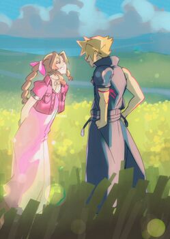 1boy 1girl absurdres aerith_gainsborough arms_behind_back blonde_hair blue_sky braid brown_hair closed_eyes cloud cloud_strife commentary cropped_jacket dress emi-bianchi english_commentary final_fantasy final_fantasy_vii final_fantasy_vii:_advent_children grass hands_on_own_hips highres jacket long_hair looking_at_another open_mouth outdoors pink_dress pink_jacket scene_reference short_hair short_sleeves sky smile