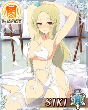 1girl armpits arms_behind_head arms_up art_room bad_tag blonde_hair blush border breasts canvas_(object) card_(medium) character_name choker dress game_cg groin hair_ornament hairclip indoors large_breasts long_hair looking_at_viewer middle_part modeling mole mole_under_mouth navel no_bra no_panties official_art parted_bangs red_eyes senran_kagura senran_kagura_new_wave shiki_(senran_kagura) sitting smile solo third-party_source torn_clothes torn_dress wariza white_choker white_dress