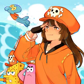 Rule 34 | 1girl, 3boys, absurdres, black gloves, brown eyes, brown hair, cosplay, crossover, fingerless gloves, gloves, group picture, guilty gear, guilty gear strive, hat, highres, hood, hoodie, long hair, mango (mgosketches), may (guilty gear), may (guilty gear) (cosplay), multiple boys, orange hat, orange hoodie, patrick star, salute, sponge, spongebob squarepants, spongebob squarepants (series), squidward tentacles, upper body