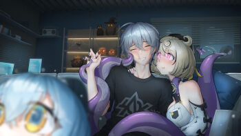 1boy 2girls absurdres accessories afterimage arm_between_breasts bare_shoulders between_breasts black_bow black_hat black_horns black_shirt blonde_hair blue_hair blue_pupils blurry blurry_foreground blush book bow breasts bug cleavage closed_mouth commentary couch detached_sleeves english_commentary goat_girl goat_horns grey_hair grin hair_between_eyes hat heart heart-shaped_pupils hetero highres horns indoors koruijinobi large_breasts lucia_elowen mole mole_under_mouth monster_girl motion_lines multiple_girls night on_couch parted_lips pile_of_books pillow pumpkin purple_eyes scylla shelf shirt short_hair silk sitting sleeve_bow sleeves_rolled_up smile spider spider_web suction_cups symbol-shaped_pupils tentacle_girl tentacle_grab tentacle_tail tentacles twitching upper_body white_shirt white_sleeves window wise_(zenless_zone_zero) yellow_eyes yidhari_murphy zenless_zone_zero