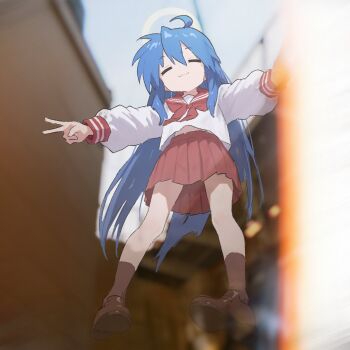 Rule 34 | 1girl, :3, ahoge, blue hair, brown shoes, brown socks, closed eyes, closed mouth, commentary request, double horizontal stripe, facing viewer, from below, hair between eyes, halo, heisa internet, highres, izumi konata, long hair, long sleeves, lucky star, mole, mole under eye, neckerchief, outstretched hand, pleated skirt, red neckerchief, red sailor collar, red skirt, ryouou school uniform, sailor collar, school uniform, serafuku, shirt, shoes, skirt, socks, solo, v, white halo, white shirt, white sleeves