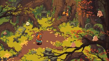 1boy 1girl antlers backpack bag blue_bow blue_dress borrowed_character bow commentary dress english_commentary forest from_above giant_tree hair_bow hood hood_up horns isometric mask nathan_pxls nature orange_hair original outdoors path pixel_art plant_roots ponytail road standing stone_lantern tree unused_tire