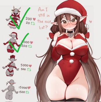 blush breasts brown_eyes brown_hair cleavage commentary english_commentary glasses hat highres indie_virtual_youtuber pointy_ears revealing_clothes santa_hat sky_above_me sky_above_me_(vtuber)