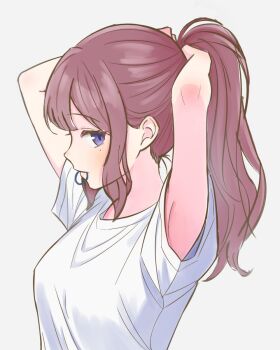 1girl adjusting_hair armpit_peek armpits arms_up blue_eyes blush breasts brown_hair grey_background hair_tie hair_tie_in_mouth highres long_hair looking_at_viewer medium_breasts mole mole_under_eye mouth_hold natsuki_karin ponytail purple_eyes shiro_noe shirt short_sleeves sidelocks simple_background solo synthesizer_v t-shirt translucent_hair tying_hair upper_body white_shirt