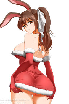 ass breasts brown_hair christmas dress elbow_gloves gloves kimmy77 looking_back ponytail pussy rabbit_ears rwby short_dress velvet_scarlatina