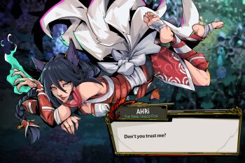 1girl absurdres ahri_(league_of_legends) animal_ears bare_shoulders black_hair braid breasts character_name cleavage closed_mouth commentary commission detached_sleeves dialogue_box dress english_commentary english_text facial_mark feet fire foot_wraps fox_ears fox_girl fox_tail green_fire hades_(series) highres kitsune korean_clothes large_breasts league_of_legends light_smile lips long_hair looking_at_viewer lying multiple_tails on_stomach pyrokinesis red_dress red_sleeves sharp_toenails signature slit_pupils soles solo tail the_pose toenails toes unusualpie whisker_markings white_tail yellow_eyes