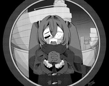 1girl closed_eyes commentary_request crying daizunokandume eyepatch facing_viewer fisheye greyscale hair_between_eyes hair_intakes hatsune_miku interlocked_fingers medical_eyepatch monitoring_(vocaloid) monochrome own_hands_clasped own_hands_together parody pov_peephole scarf screentones signature solo straight-on twintails vocaloid winter_clothes