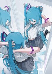 Rule 34 | 1girl, absurdres, arms up, azarasi haru, black skirt, blue hair, blue nails, blue necktie, breasts, closed eyes, collared shirt, commentary, hatsune miku, highres, long hair, looking at mirror, medium breasts, mirror, multiple views, necktie, pleated skirt, shirt, short sleeves, skirt, twintails, tying hair, very long hair, vocaloid, white shirt