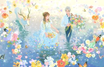 1boy 1girl absurdres bouquet bow bug butterfly commentary deer dress fairy flower glasses head_wreath highres holding holding_bouquet insect lingcod_dayu looking_at_another ripples rosa_(tears_of_themis) shirt symbol-only_commentary tears_of_themis vyn_richter_(tears_of_themis) wading white_dress white_hair white_shirt