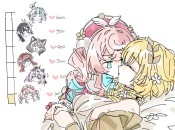 6+girls aglaea_(honkai:_star_rail) animal_ears black_hair blonde_hair blue_eyes blue_hair breasts castorice_(honkai:_star_rail) cat_ears cerydra_(honkai:_star_rail) cipher_(honkai:_star_rail) closed_eyes drill_hair fang gelinzzz grey_hair heart highres honkai:_star_rail honkai_(series) hyacine_(honkai:_star_rail) hysilens_(honkai:_star_rail) kiss kiss_meter_(meme) laurel_crown meme multiple_girls open_mouth pointy_ears purple_eyes purple_hair sideboob simple_background smile tribios_(honkai:_star_rail) twin_drills white_background yuri