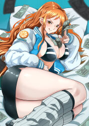 Rule 34 | 1girl, absurdres, alternate costume, bed sheet, bikini, bikini top only, black bikini, black skirt, blue nails, blush, breasts, cleavage, commentary request, commission, falling money, feet out of frame, food, fruit, highres, holding, holding money, jacket, kneehighs, large breasts, long hair, long sleeves, looking at viewer, loose socks, lying, mandarin orange, mandarin orange slice, miniskirt, money, nail polish, nami (one piece), on side, one piece, open clothes, open jacket, orange eyes, orange hair, pencil skirt, pillow, ribbed socks, skeb commission, skirt, socks, solo, swimsuit, thighs, tongue, tongue out, wavy hair, white socks, yamada otonari