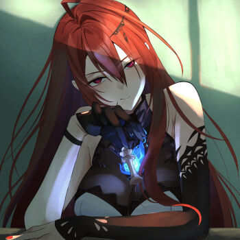 1girl ahoge bare_shoulders blue_fire breasts chess_piece colored_inner_hair commentary dodo_ddd_08 dress elizabeth_rose_bloodflame elizabeth_rose_bloodflame_(1st_costume) english_commentary eyelashes fire fire_on_chest gloves hair_between_eyes highres holding holding_chess_piece hololive hololive_english huge_ahoge large_breasts light_blush long_hair looking_at_viewer multicolored_hair red_eyes red_hair red_nails smile solo upper_body very_long_hair virtual_youtuber