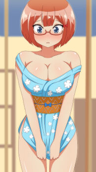 1girl absurdres bare_arms bare_shoulders blue_eyes blurry blurry_background blush bokutachi_wa_benkyou_ga_dekinai bow breasts brown_sandals cleavage clothes_tug commentary_request cowboy_shot double_strap_slip glasses hair_bow highres large_breasts looking_at_viewer obi ogata_rizu orange_hair parted_lips poa_mellhen red-framed_eyewear red_bow sandals sash semi-rimless_eyewear short_hair solo under-rim_eyewear