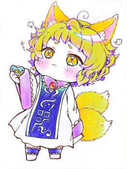 1girl aged_down ahoge animal_ear_fluff animal_ears ankle_strap blonde_hair blue_tabard blush brooch chibi chibi_only child colored_pencil_(medium) commentary dress fox_ears fox_girl fox_tail full_body holding_pacifier jewelry karyuu_(raoz) long_sleeves looking_ahead multiple_tails pacifier puff_of_air short_hair simple_background solo tabard tail touhou traditional_media two_tails white_background white_dress wide_sleeves yakumo_ran yellow_eyes