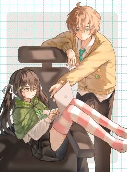 Rule 34 | 1boy, 1girl, ahoge, aqua necktie, asymmetrical legwear, badge, black hair, black pants, black skirt, brown hair, button badge, capelet, cardigan, chair, closed mouth, commentary request, computer, dress shirt, eananaia, from side, genderswap, genderswap (ftm), genderswap (mtf), green capelet, green eyes, hair between eyes, hair ornament, hair ribbon, heart, heart hair ornament, highres, laptop, long hair, long sleeves, miniskirt, necktie, neuro-sama, pants, personification, pink thighhighs, pleated skirt, ribbon, shirt, short hair, sitting, skirt, striped clothes, striped thighhighs, thighhighs, two side up, uneven legwear, vedal987, vedal ai, white ribbon, white shirt, white thighhighs, yellow cardigan