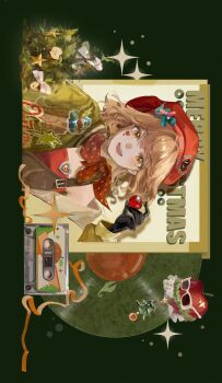 1girl :d absurdres apple apple_(reverse:1999) beret black_gloves brown_hair cassette_tape cherry chinese_commentary christmas_tree commentary_request facial_mark food fruit gloves green_background green_jacket hand_up hat heart heart_facial_mark highres holding holding_food holding_fruit jacket merry_christmas neckerchief open_mouth orange_eyes red_hat red_neckerchief red_tube_top regulus_(reverse:1999) reverse:1999 short_hair sideways smile solo sparkle strapless sunglasses tube_top upper_body vinyl_record weibo_tang