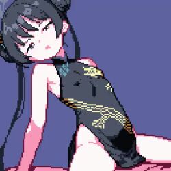 1boy 1girl animated arms_behind_back bare_shoulders black_eyes black_hair blue_archive blush braid braided_bun china_dress chinese_clothes cowgirl_position dragon_print dress girl_on_top hair_bun implied_sex kisaki_(blue_archive) leleka loli long_hair looping_animation narrowed_eyes open_mouth pixel_art sex straddling tagme ugoira video