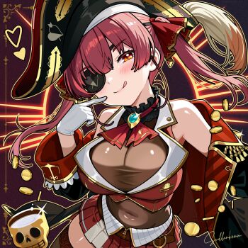 1girl arrow_through_heart ascot belt bicorne black_choker black_coat black_hat blush breasts brown_belt brown_leotard choker closed_mouth coat coin commentary covered_navel cropped_jacket dokuro-kun_(houshou_marine) epaulettes eyepatch frilled_choker frills glint gloves gold_coin hair_ribbon hat head_tilt heart highres hololive houshou_marine houshou_marine_(1st_costume) jacket large_breasts leotard leotard_under_clothes long_hair long_sleeves looking_at_viewer miniskirt off_shoulder one_eye_covered open_clothes open_coat pirate_hat pleated_skirt plume pointing pointing_at_self red_ascot red_eyes red_hair red_jacket red_ribbon red_skirt ribbon signature skirt skull_cup sleeveless sleeveless_jacket smile solo suddenboom_art tongue tongue_out twintails upper_body virtual_youtuber white_gloves yellow_eyes