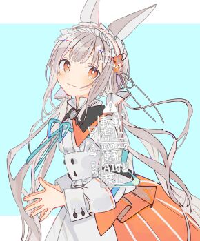 1girl arknights blue_background border closed_mouth commentary frilled_hairband frills grey_hair hairband highres long_hair long_sleeves low_twintails orange_eyes orange_skirt own_hands_together puffy_long_sleeves puffy_sleeves ribbon-trimmed_hairband shirt sign skirt smile solo steepled_fingers striped_clothes striped_shirt twintails twitter_username vertical-striped_clothes vertical-striped_shirt very_long_hair warmy_(arknights) warning_sign watermark white_border white_hairband white_shirt yayoripain