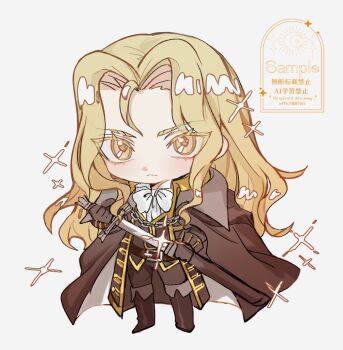 1boy alucard_(castlevania) black_boots black_coat black_gloves black_pants black_vest blonde_hair boots bow bowtie buster_aoi castlevania_(series) chibi chibi_only coat drawing_sword full_body gloves gold_trim holding holding_sword holding_weapon long_coat long_hair pants parted_bangs sample_watermark solo sparkle sword vest watermark weapon white_bow white_bowtie yellow_eyes