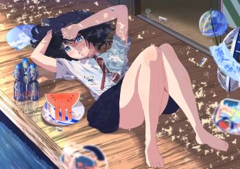 Rule 34 | 1girl, absurdres, barefoot, blue eyes, blue hair, blue skirt, blush, bottle, commentary request, eye reflection, food, fruit, hand fan, highres, knees together feet apart, knees up, lying, necktie, on back, original, paper fan, plate, red necktie, reflection, reflective floor, school uniform, shade, shirt, shouji, skirt, sliding doors, solo, striped clothes, striped necktie, summer, tatami, thighs, user hrgf8388, water, water bottle, water drop, watermelon, watermelon slice, white shirt, wooden floor