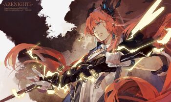 Rule 34 | 1boy, arknights, blue cape, blue eyes, brown background, cape, chinese commentary, commentary request, copyright name, electricity, gloves, hair between eyes, head wings, holding, holding staff, infection monitor (arknights), jacket, long hair, looking ahead, low-tied sidelocks, male focus, mrradon, orange hair, parted lips, passenger (arknights), sidelocks, single sidelock, solo, staff, three-quarter sleeves, two-tone background, upper body, v-shaped eyebrows, very long hair, white background, white gloves, white jacket, wings