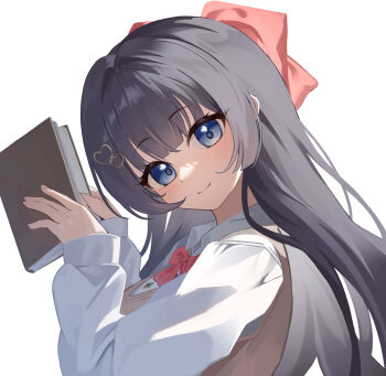 Rule 34 | 1girl, absurdres, black hair, blue eyes, book, brown sweater vest, closed mouth, commentary, from side, hair intakes, hair ornament, hands up, heart, heart hair ornament, highres, holding, holding book, k cyp, long hair, long sleeves, looking at viewer, looking to the side, shirayuki hina, shirt, smile, solo, stellive, sweater vest, symbol-only commentary, turning head, upper body, virtual youtuber, white shirt