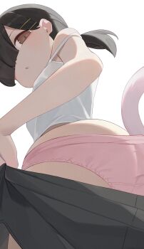 Rule 34 | 1girl, black hair, black shorts, brown eyes, camisole, from behind, hair ornament, hairclip, highres, hiroki (yyqw7151), looking at viewer, looking back, original, panties, pink panties, ponytail, short hair, short ponytail, shorts, simple background, solo, underwear, white background, white camisole
