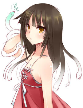 Rule 34 | bakemonogatari, bare shoulders, brown eyes, brown hair, dress, long hair, monogatari (series), missing headwear, sengoku nadeko, snake, snake hair, yukian