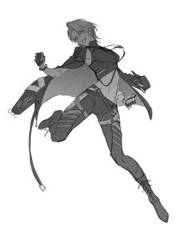 1girl belt boots bracelet breasts coat coat_on_shoulders commentary_request crop_top ear_piercing full_body gloves greyscale grin highres jewelry medium_breasts medium_hair midair midriff monochrome necklace pants path_to_nowhere piercing shirt sleeveless sleeveless_shirt smile solo toho10min zoya_(path_to_nowhere)