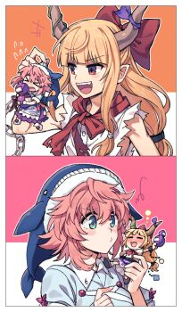 >_< 2girls arm_up back_bow belt black_belt blue_bow blue_shirt blush boots border bottle bow breasts brown_footwear buttons chain circle closed_eyes closed_mouth collared_shirt commentary_request cuffs drunk fang fangs fingernails flying_sweatdrops green_eyes hair_between_eyes hair_bow hair_ornament hands_up holding holding_bottle horn_ornament horn_ribbon horns ibuki_suika long_hair looking_at_another low-tied_long_hair medium_breasts multiple_girls okunoda_miyoi open_mouth orange_background orange_hair pink_background pink_hair pointy_ears purple_ribbon purple_skirt re_ghotion red_bow red_eyes red_ribbon red_scarf ribbon scarf shirt shoes short_hair short_sleeves sidelocks simple_background skirt sleeveless sleeveless_shirt smile socks square standing teeth tongue torn_clothes torn_scarf touhou upper_body v-shaped_eyebrows whale_hat white_background white_border white_footwear white_shirt white_socks