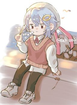 1boy black_eyes black_pants blue_hair brown_sweater_vest commentary_request deformed double-parted_bangs full_body grey_hat grey_shoes hair_between_eyes hair_ornament hand_up hat highres holding holding_plant long_sleeves looking_at_viewer male_focus original pants parted_lips plant sahi00000 shirt shoes sitting solo sweater_vest tearing_up white_shirt