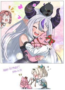 4girls ? ?? absurdres animal_ears bird bird_girl birthday blonde_hair blush bow braid chibi commentary_request creature crow crow_(la+_darknesss) demon_girl demon_horns detached_sleeves dress english_text fluffy hair_wings happy happy_birthday heart highres hololive horns hug kazama_iroha kazama_iroha_(1st_costume) la+_darknesss la+_darknesss_(1st_costume) light_particles long_hair mofukoyo_(hakui_koyori) multicolored_hair multiple_girls multiple_views musical_note nervous_sweating notice_lines pink_hair pointy_ears ponytail purple_hair ribbon shirt short_hair spoken_musical_note squatting streaked_hair sweat tail takane_lui teeth toriyoshi_(mmxn3582) untying upper_body upper_teeth_only virtual_youtuber white_shirt wolf_ears wolf_girl wolf_tail
