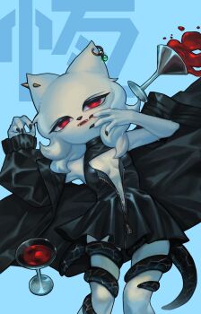 1girl absurdres alternate_costume black_dress black_jacket blue_background breasts cat_girl chinese_commentary claws commentary_request cup dress drinking_glass fangs furry furry_female heng_(nine_sols) highres inouehasue jacket looking_at_viewer medium_breasts nine_sols open_clothes open_jacket open_mouth red_eyes sleeves_past_wrists tentacles white_fur wine_glass zipper zipper_pull_tab