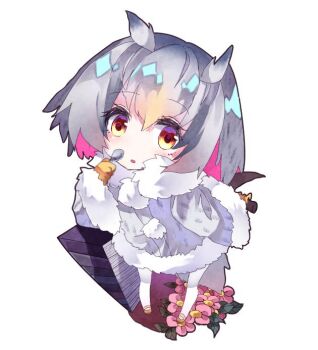1girl blush brown_shoes commentary_request dress flower full_body fur-trimmed_dress fur_collar fur_trim grey_dress grey_hair grey_wings head_wings holding holding_spoon kemono_friends looking_at_viewer northern_white-faced_owl_(kemono_friends) open_mouth orange_eyes pantyhose pink_flower pom_pom_(clothes) shinjitsu_no_kuchi shoes short_hair simple_background solo spoon standing white_background white_pantyhose wings