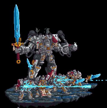 Rule 34 | 5boys, animated, animated gif, armor, black smoke, bolter, firing, force sword, full armor, gatling gun, gauntlets, gorget, grey knight, halberd, holding, holding polearm, holding sword, holding weapon, huge weapon, imperial aquila, mecha, multiple boys, nemesis dreadknight, nemesis force weapon, pauldrons, polearm, power armor, purity seal, robot, shell casing, shoulder armor, smoke, smokestack, steel joe, sword, terminator armor, warhammer 40k, wax seal, weapon