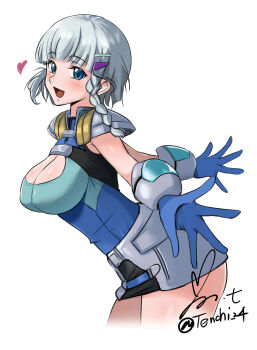 1girl blue_eyes blush braid breasts cleavage gloves grey_hair hair_ornament hairclip highres huge_breasts large_breasts looking_at_viewer open_mouth seolla_schweizer short_hair side_braid solo super_robot_wars super_robot_wars_alpha super_robot_wars_dd super_robot_wars_original_generation the_2nd_super_robot_wars_alpha yoo_tenchi