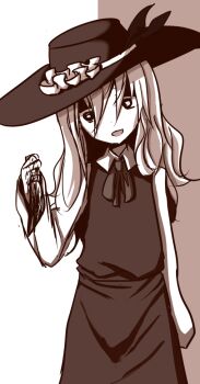 Rule 34 | 1girl, blood, bloody knife, bow, bowtie, collared shirt, commentary request, diao ye zong, dolls in pseudo paradise, frilled hat, frills, hair between eyes, hat, head tilt, holding, holding knife, jacket girl (dipp), knife, leaf, long hair, long sleeves, looking at viewer, open mouth, sepia, sepia background, shaded face, shirt, simple background, skirt, skirt set, smile, touhou, two-tone background, umedoufu, vest, white background