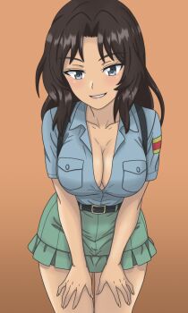 1girl aoshidan_school_uniform blue_eyes blue_shirt breasts brown_hair cleavage clenched_teeth commentary_request dark-skinned_female dark_skin el_(girls_und_panzer) girls_und_panzer green_skirt hands_on_own_thighs kkonmulbeom_nyomy large_breasts long_hair no_bra orange_background partially_unbuttoned school_uniform shirt simple_background skirt smile solo spanish_flag suspender_skirt suspenders suspenders_pull teeth v_arms