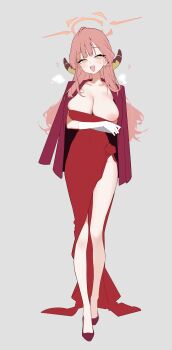 1girl ? @_@ aru_(blue_archive) aru_(dress)_(blue_archive) blue_archive breasts crossed_arms dress gloves grey_background grey_hair halo harenchi highres horns inverted_nipples jacket jacket_on_shoulders large_breasts long_hair looking_at_viewer nipples one_breast_out open_mouth pink_hair red_dress red_jacket red_shoes romaji_commentary shoes simple_background solo standing white_gloves yellow_eyes